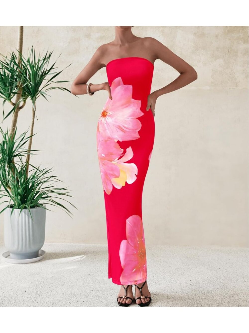 Women's Sexy Black/Pink Floral Strapless Tube Long Bodycon Maxi Club Party Dress - Picture 3 of 6